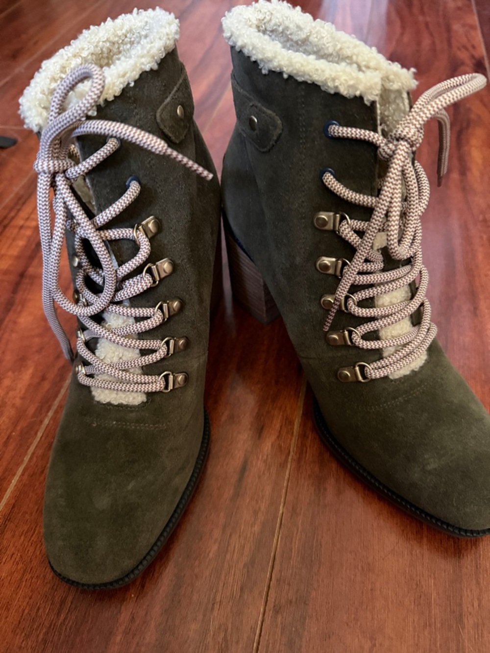 Dr. Scholl's Olive Suede Lace-Up Ankle Boots with Faux-Shearling Trim